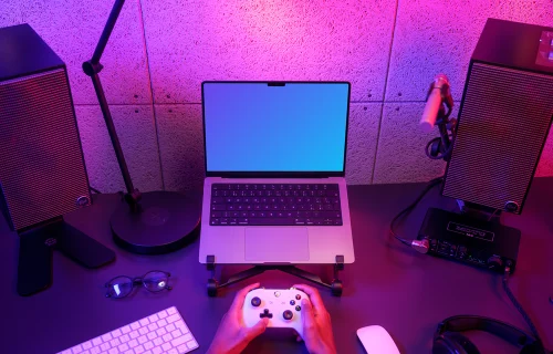 MacBook Pro 14 inch mockup in Gaming Atmosphere