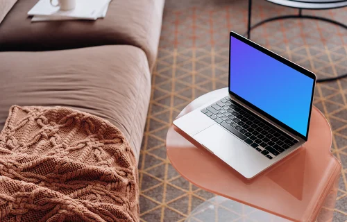 MacBook Pro mockup on a red stool