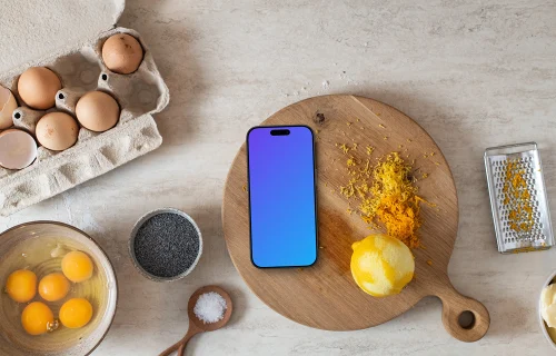 Escena de cocina minimalista con un iPhone mockup