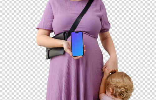 Madre con un niño y un iPhone mockup