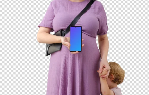 Mother with a child, while holding a phone mockup