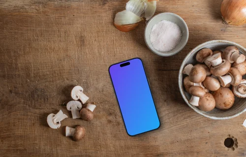 Champignons avec un iPhone mockup sur le buffet