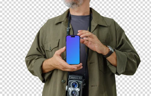 Photographer holding an iPhone 14 Pro mockup