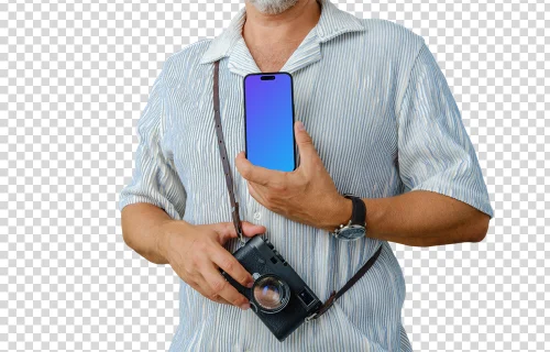 Fotógrafo con un iPhone en la mano mockup