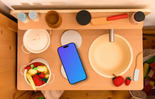 Smartphone mockup on a colorful play kitchen