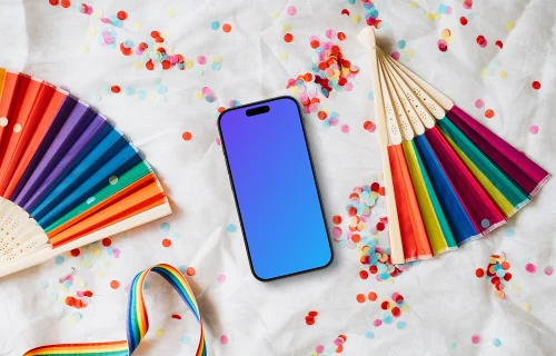 Smartphone mockup on white fabric with rainbow hand fans