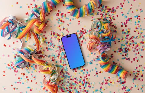 Smartphone mockup surrounded by rainbow confetti