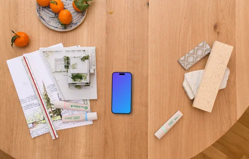 Smartphone mockup with architect blueprints