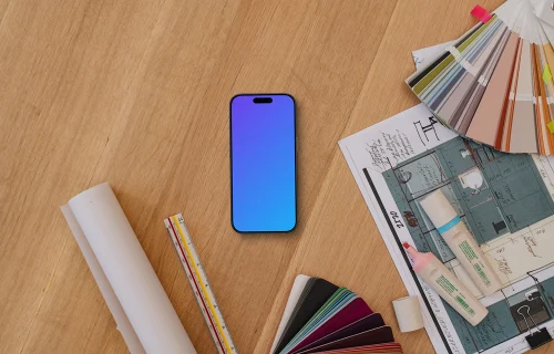 Smartphone mockup with architectural plans and color swatches