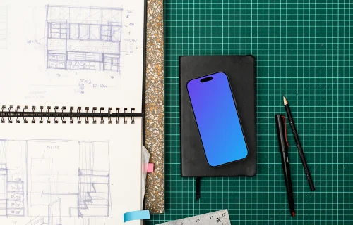 Smartphone mockup with architectural sketches