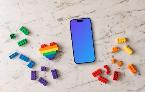 Smartphone mockup with rainbow colored toy bricks