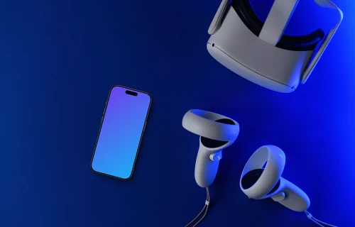 Smartphone mockup with VR headset on blue background