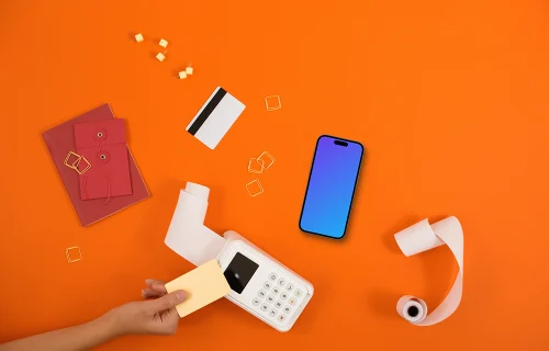 Smartphone avec terminal de paiement mockup sur fond orange