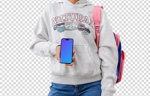 Student holding an iPhone 14 Pro mockup
