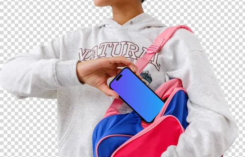 Student pulling out from backpack an iPhone mockup