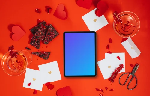 Tablet mockup on red Valentine's day background