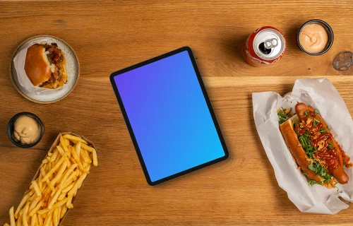 Tablet mockup surrounded by fast food