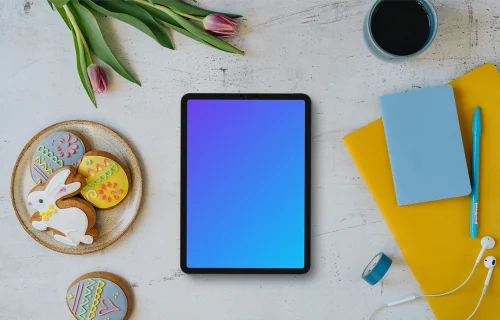 Tablet mockup with an Easter bunny and purple tulips