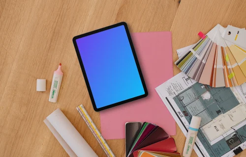 Tablet mockup with architect's design materials