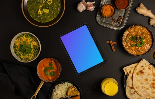 Tablet mockup with delicious Indian food
