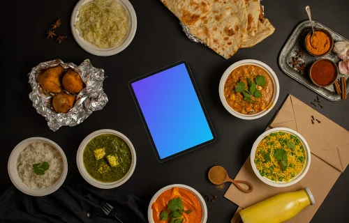 Tablette mockup avec les essentiels de la cuisine indienne