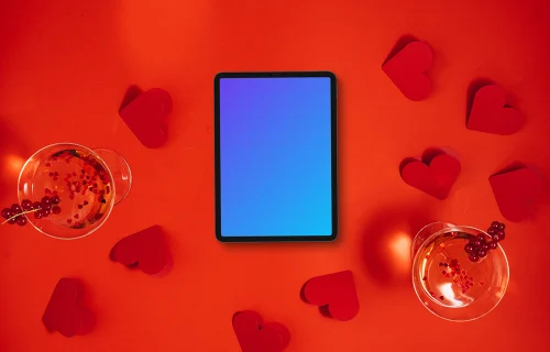 Tablet mockup with red hearths for Valentine’s Day