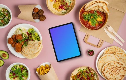 Tablet mockup with traditional Middle eastern dishes