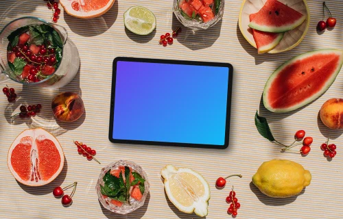 Top view of landscape tablet mockup with fruits