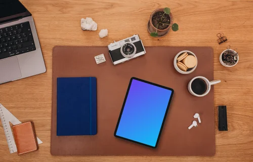 Top view of tablet mockup at home office setup