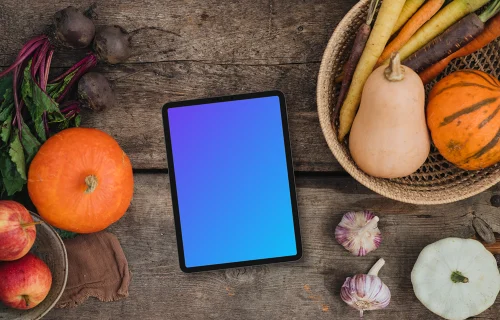 Top view of tablet mockup on the kitchen desk