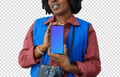 Woman photographer confidently holding a Pixel 6 mockup