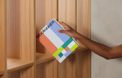 Book mockup in a wooden shelving unit
