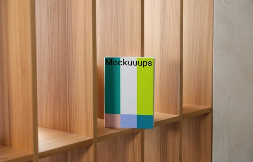 Book mockup on a wooden bookshelf