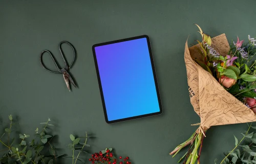 Bouquet of flowers with tablet mockup