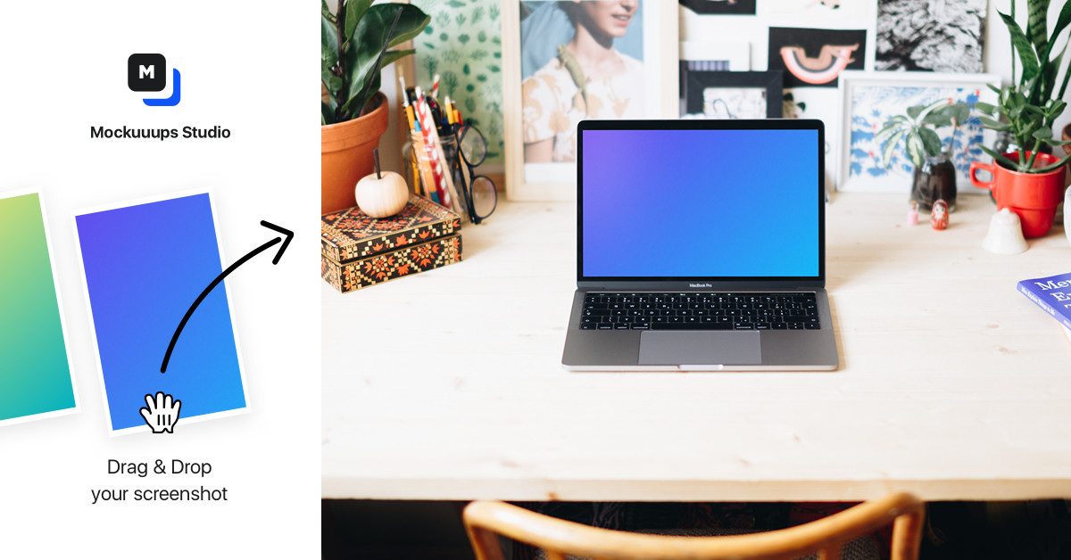 Download Bright and creative workspace with Macbook Pro mockup ...