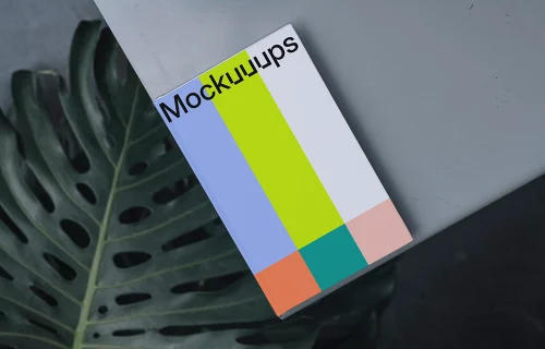 C-format book mockup on a gray surface with a tropical leaf