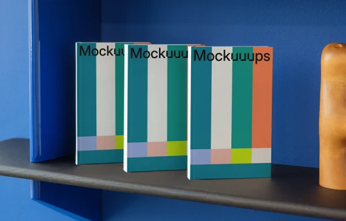 C-format book mockup on a modern shelf