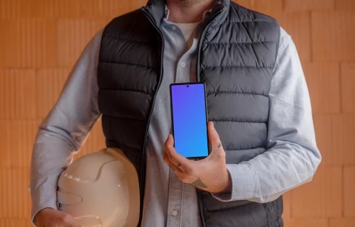 Construction worker, a helmet and a Google Pixel mockup