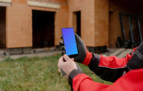 Construction worker holding a Google Pixel 6 mockup