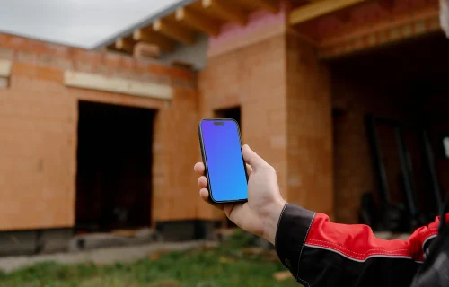 Construction worker with an iPhone 15 Pro mockup