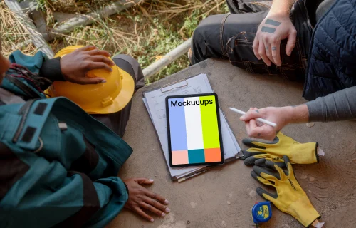 Construction workers using an iPad mockup