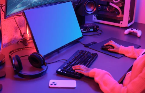Dell display mockup in a vibrant gaming setup