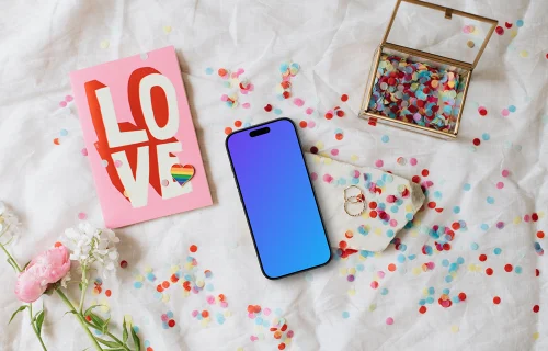Dreamy wedding iPhone mockup on white sheet