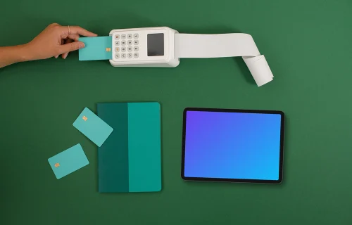 E-commerce themed tablet mockup with green background