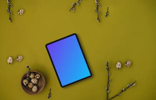 Easter Tablet mockup with furry catkins and quail eggs