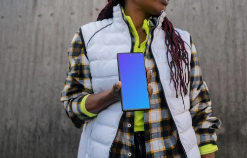 Female engineer in construction presenting Google Pixel mockup