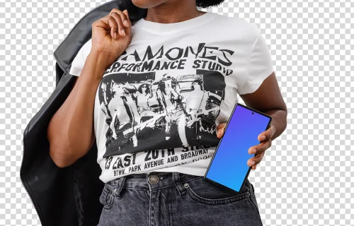 Female fashion lover holding a Google Pixel 6 mockup