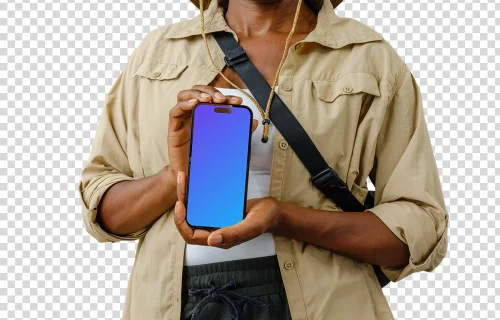 Female tourist holding a phone mockup