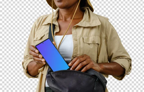 Female tourist with a Google Pixel 6 mockup in her bag