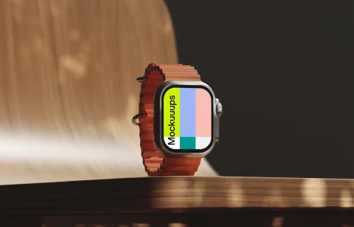 Free Apple Watch Ultra mockup on a wooden table
